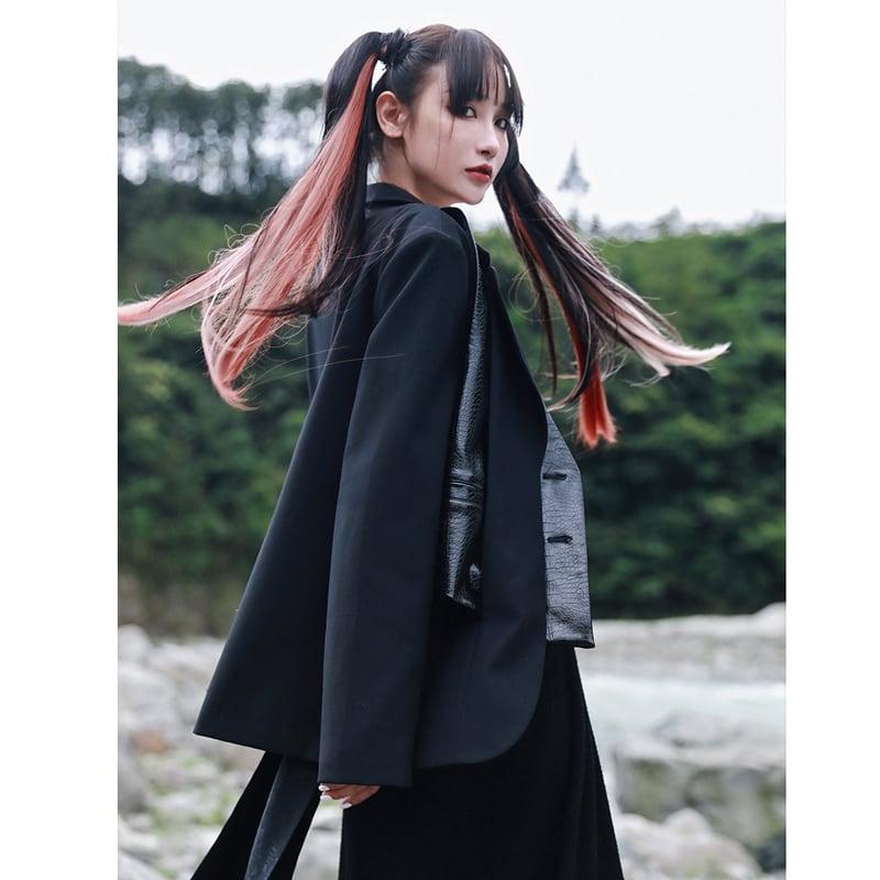 【大青龍肆シリーズ】★ブレザー★ アウター 切り替え レトロ 合わせやすい フェイクレイヤード ブラック 黒い - ChinChic
