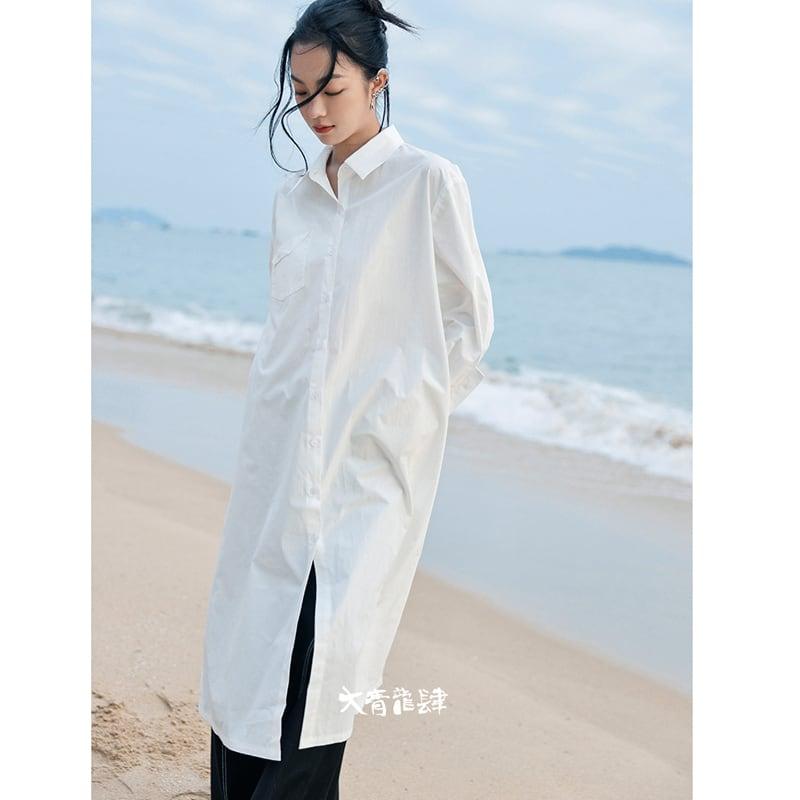【大青龍肆シリーズ】★チャイナ風シャツ★ ロングシャツ トップス 無地 オリジナル シンプル 合わせやすい 白 - ChinChic