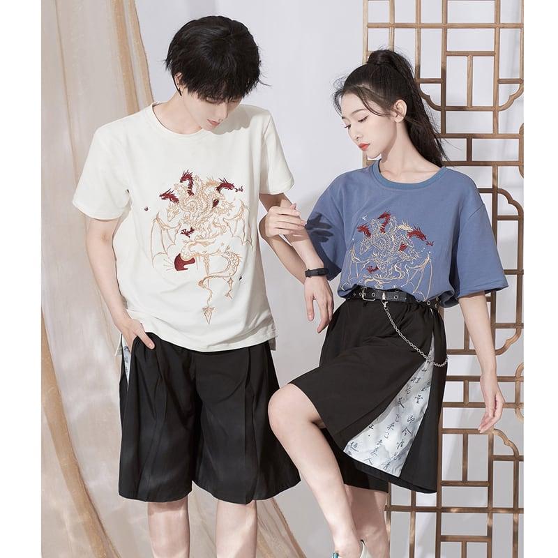 【卿棠シリーズ】★チャイナ風ズボン★ ボトムス 短パン ショートパンツ 男女兼用 文字柄 ブラック 黒い - ChinChic