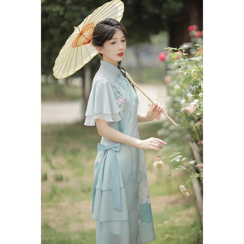 【楓竹---青荷シリーズ】★チャイナ風ワンピース★ 漢服ワンピース 中華服 可愛い プリント 気質アップ - ChinChic