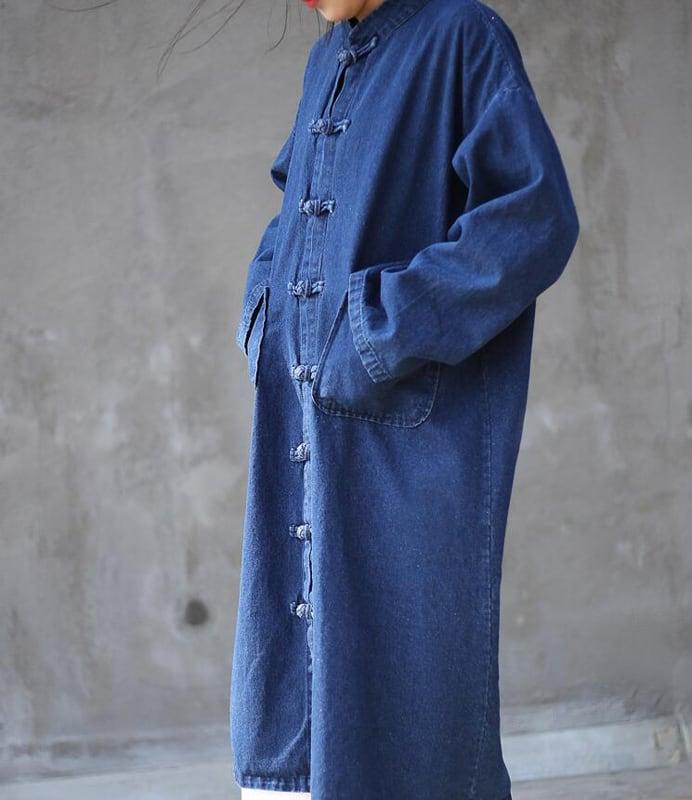 チャイナ風コート アウター ロング丈 デニム 中華服 チャイナ風服 ブルー 青い フリーサイズ - ChinChic
