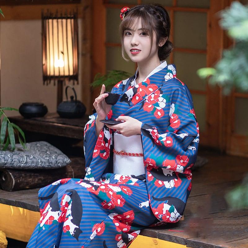 【青木元シリーズ】★ゆかた+帯★ ゆかた 浴衣 花火大会 お祭り 女性 和風 デート 花柄 ネコ ねこ 猫 プリント - ChinChic