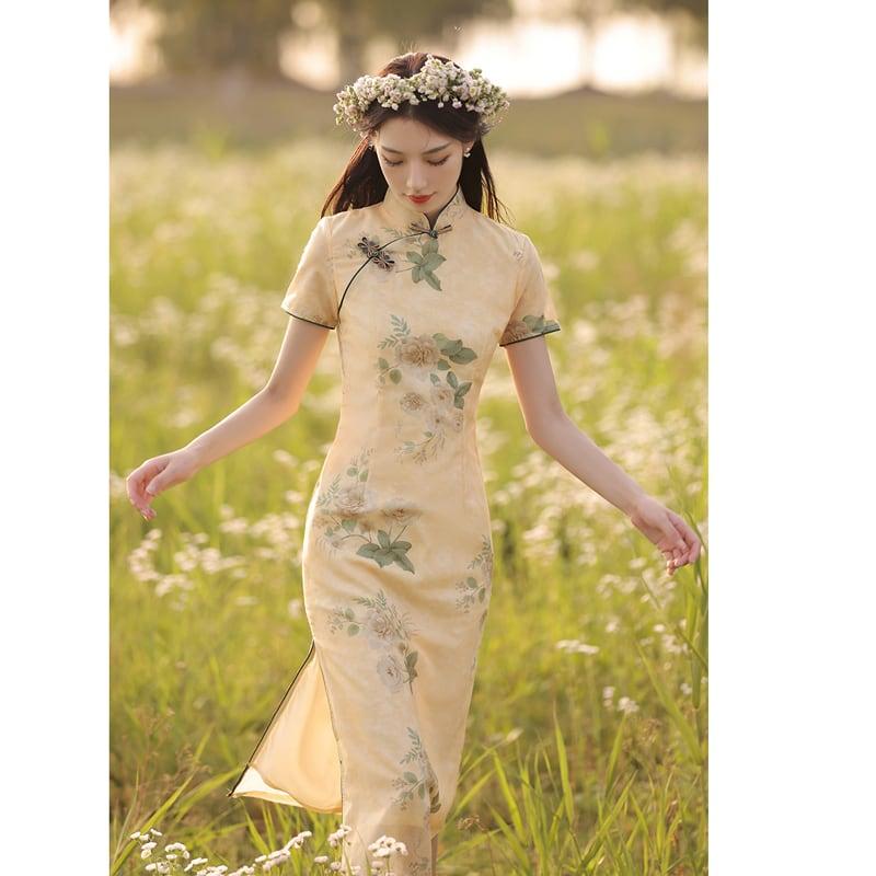 【荷戀情シリーズ】★チャイナドレス★ 花柄ワンピース 中華服 気質アップ ロング丈 パーティー 結婚式 - ChinChic