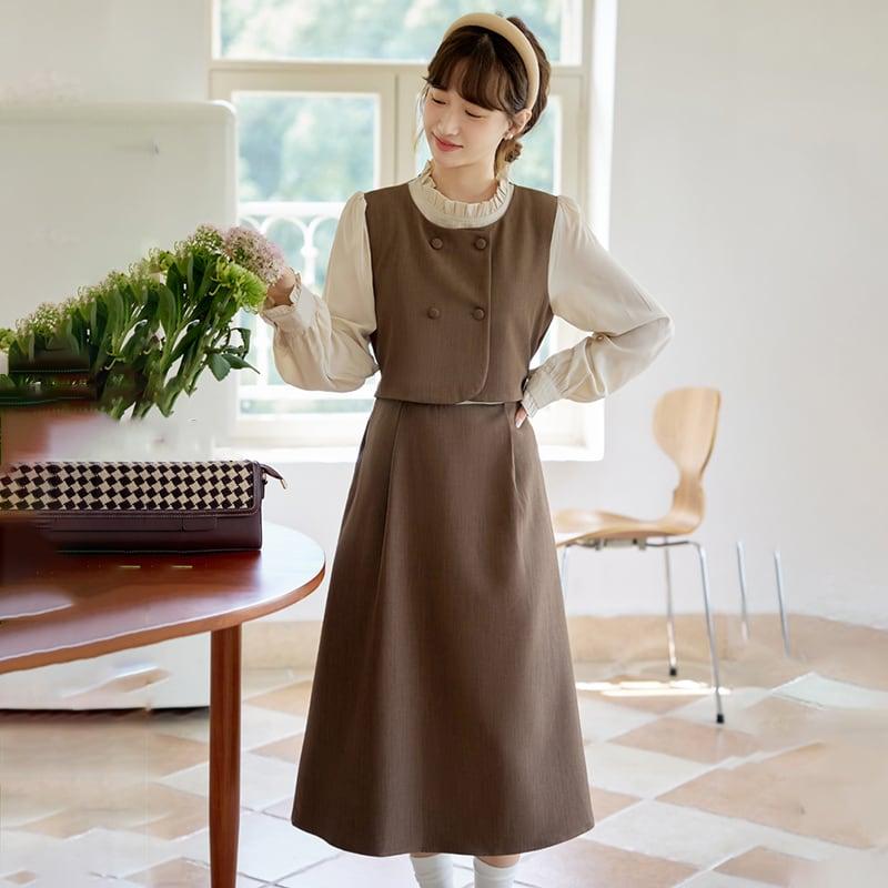 【書槿笙シリーズ】★ワンピース★ フェイクレイヤード レディース 可愛い レトロ 秋服 コーヒー色 - ChinChic