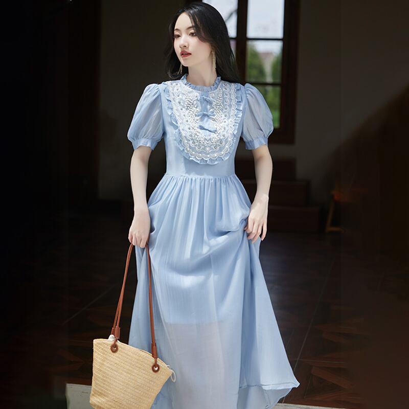 【華莎の城シリーズ】★ワンピース★ ドレス スウィート 可愛い 通勤 結婚式 デート 夏服 ブルー 青い - ChinChic