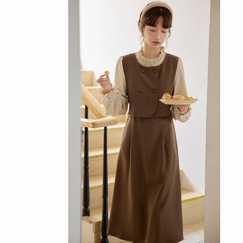 【書槿笙シリーズ】★ワンピース★ フェイクレイヤード レディース 可愛い レトロ 秋服 コーヒー色 - ChinChic