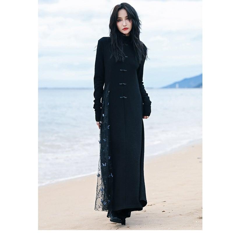 【大青龍肆シリーズ】★チャイナ風ワンピース★ ニットワンピース フェイクレイヤード 着やせ デザイン性あり - ChinChic