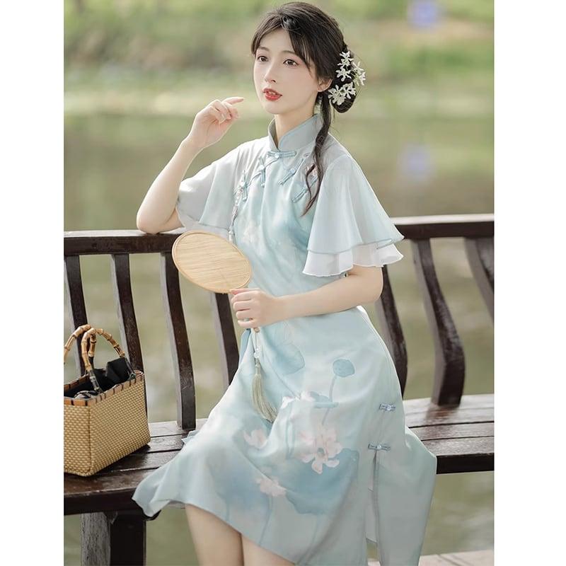 【楓竹---青荷シリーズ】★チャイナ風ワンピース★ 漢服ワンピース 中華服 可愛い プリント 気質アップ - ChinChic
