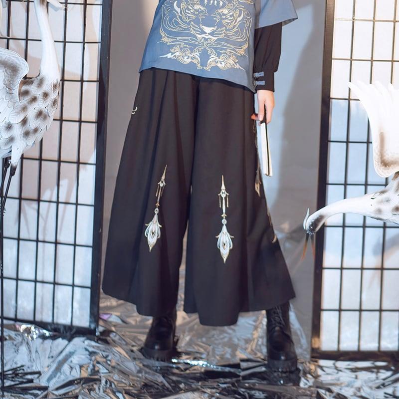 【卿棠シリーズ】★チャイナ風ズボン★ 刺繍 男女兼用衣装 カップル服 メンズ ガウチョパンツ ブラック 黒い - ChinChic