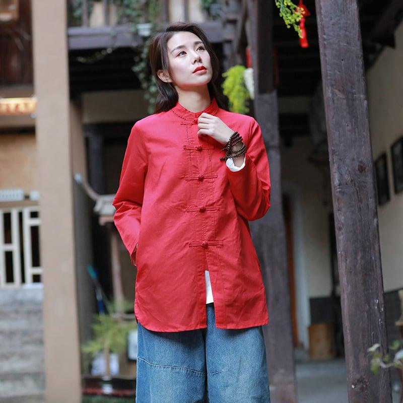 チャイナ風アウター トップス ブラウス シャツ チャイナ風服 レトロ 文芸風 民族風 女子会 同窓会 スタンドネック 長袖 ショート丈 ブラック レッド ホワイト コットンリネン生地 - ChinChic