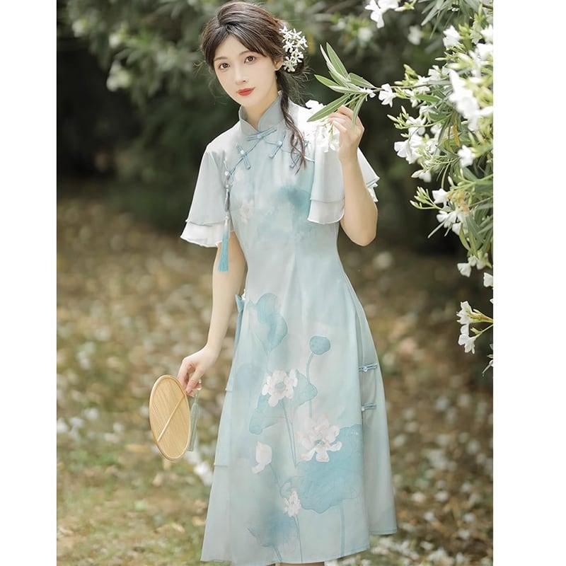 【楓竹---青荷シリーズ】★チャイナ風ワンピース★ 漢服ワンピース 中華服 可愛い プリント 気質アップ - ChinChic