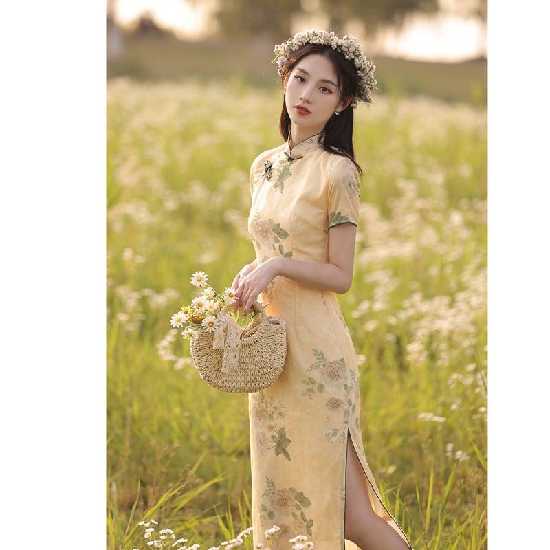 【荷戀情シリーズ】★チャイナドレス★ 花柄ワンピース 中華服 気質アップ ロング丈 パーティー 結婚式 - ChinChic