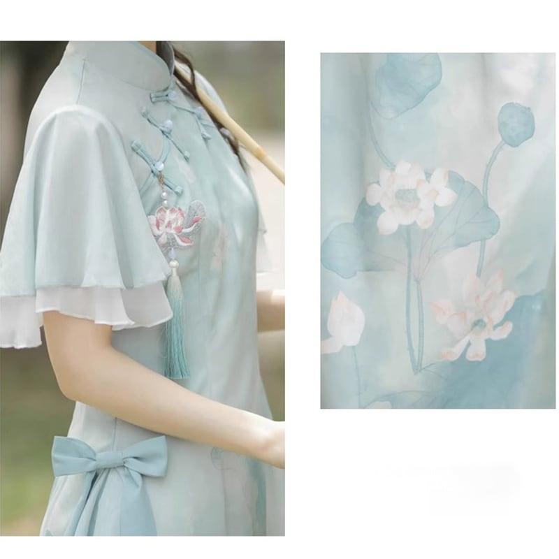 【楓竹---青荷シリーズ】★チャイナ風ワンピース★ 漢服ワンピース 中華服 可愛い プリント 気質アップ - ChinChic