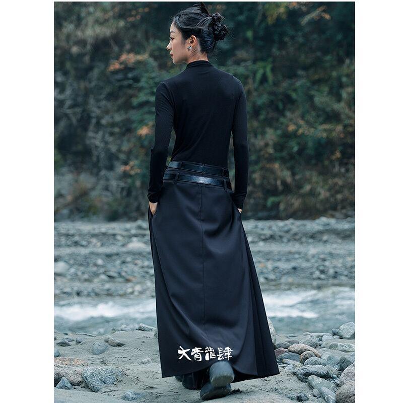 【大青龍肆シリーズ】★チャイナ風スカート★ ベルト付き ボトムス ブラック 黒い 高見せ 着やせ 気質アップ - ChinChic