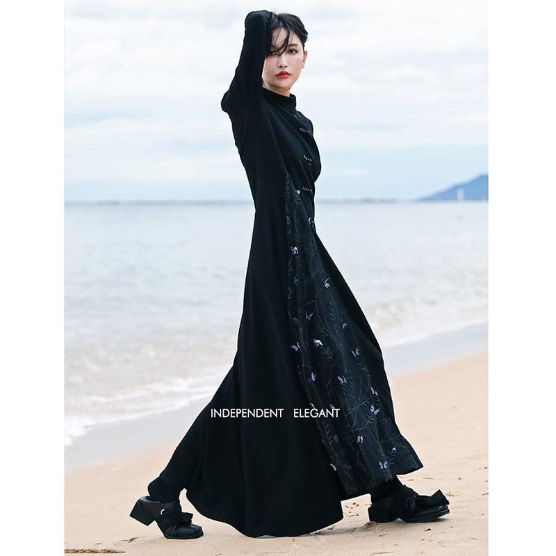 【大青龍肆シリーズ】★チャイナ風ワンピース★ ニットワンピース フェイクレイヤード 着やせ デザイン性あり - ChinChic