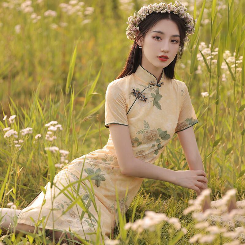 【荷戀情シリーズ】★チャイナドレス★ 花柄ワンピース 中華服 気質アップ ロング丈 パーティー 結婚式 - ChinChic