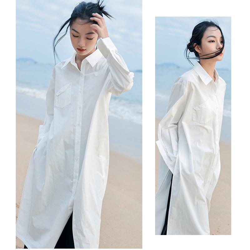 【大青龍肆シリーズ】★チャイナ風シャツ★ ロングシャツ トップス 無地 オリジナル シンプル 合わせやすい 白 - ChinChic