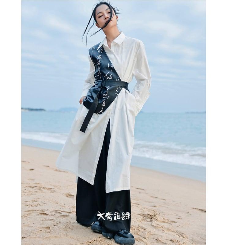 【大青龍肆シリーズ】★チャイナ風シャツ★ ロングシャツ トップス 無地 オリジナル シンプル 合わせやすい 白 - ChinChic