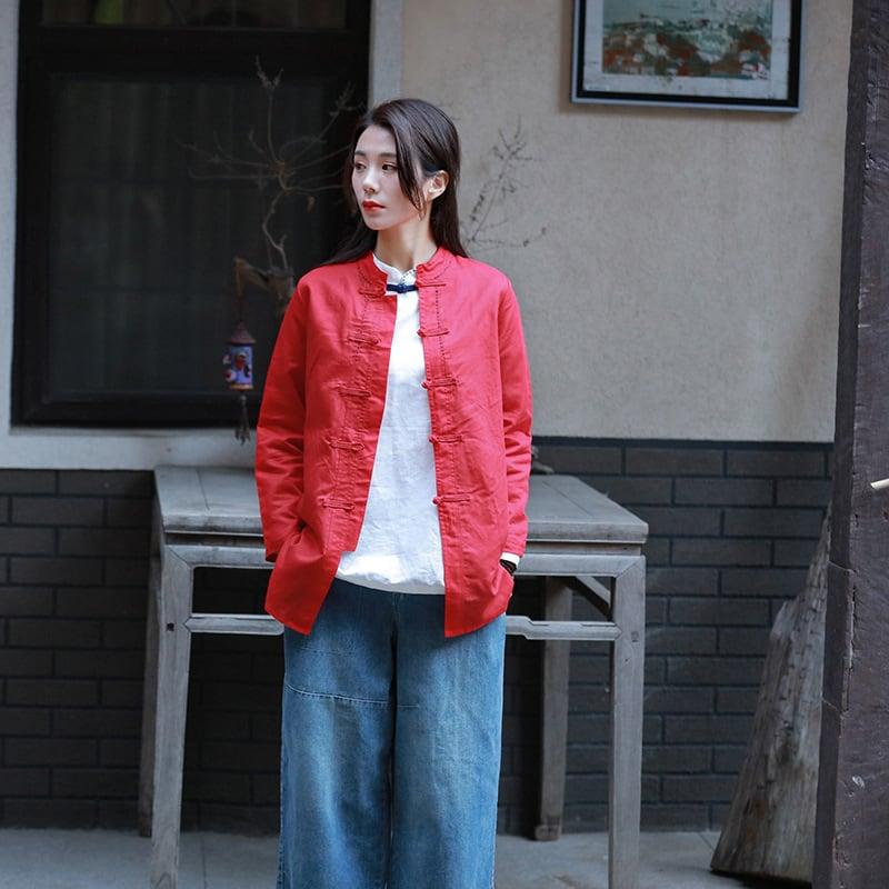 チャイナ風アウター トップス ブラウス シャツ チャイナ風服 レトロ 文芸風 民族風 女子会 同窓会 スタンドネック 長袖 ショート丈 ブラック レッド ホワイト コットンリネン生地 - ChinChic