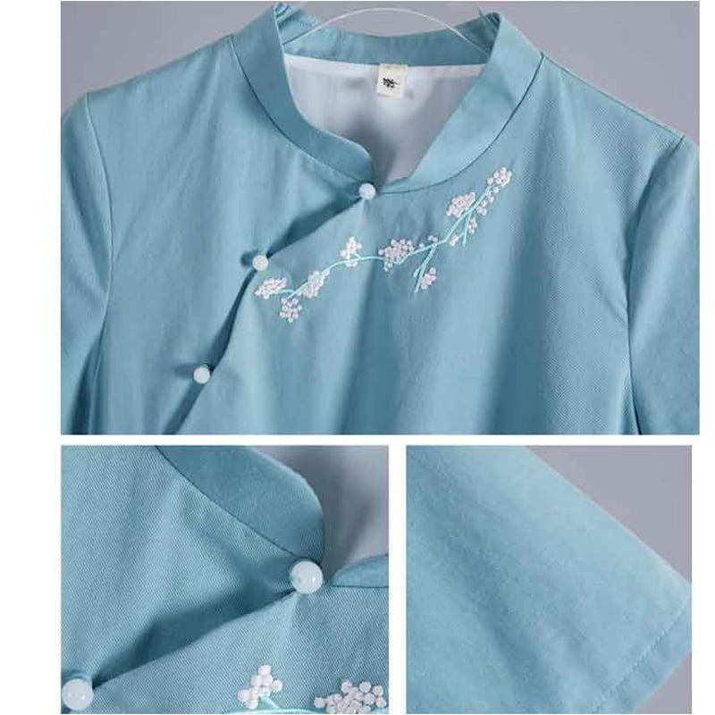 【宋姿シリーズ】★チャイナ風ワンピース★ 刺繍入り ロング丈 半袖 夏服 春服 ブルー 青い チャイナ服 - ChinChic