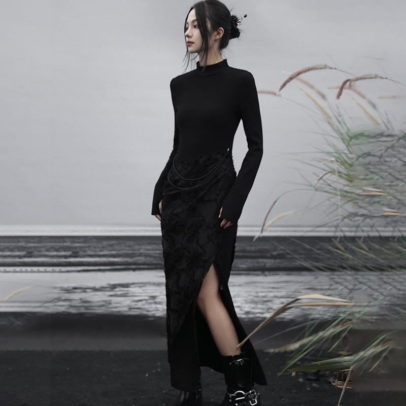 【大青龍肆シリーズ】★チャイナ風ワンピース★ スリット フェイクレイヤード 着痩せ ブラック 黒い - ChinChic