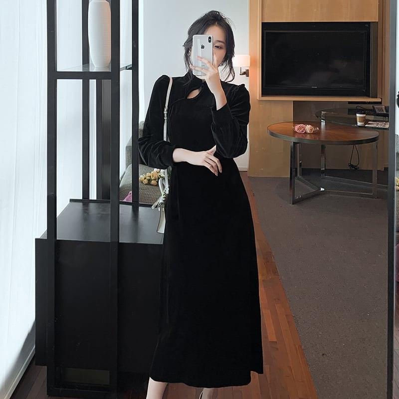 【麽檸シリーズ】★チャイナドレス★ チャイナ風ワンピース ベルベット 着痩せ ブラック 黒い 気質アップ - ChinChic
