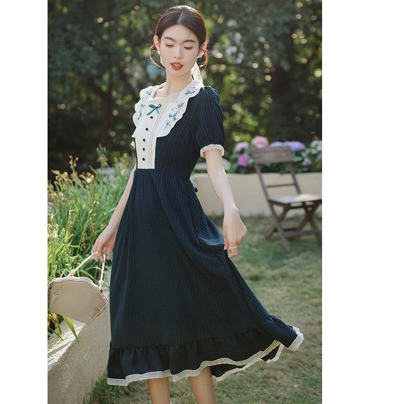 【南柯夢シリーズ】★ワンピース★ 刺繍 女子会 デート セクシー 気質アップ レトロ 緑 半袖ワンピ 夏服 - ChinChic