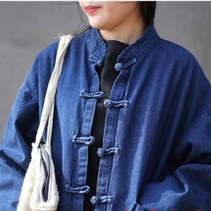 チャイナ風コート アウター ロング丈 デニム 中華服 チャイナ風服 ブルー 青い フリーサイズ - ChinChic