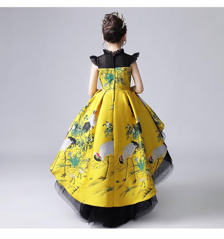 子どもドレス スタンドネック キッズドレス ジュニア フォーマル用 ピアノ発表会 結婚式 ステージ 子供服 女の子 ロングドレス ワンピース イエロー ブラック - ChinChic