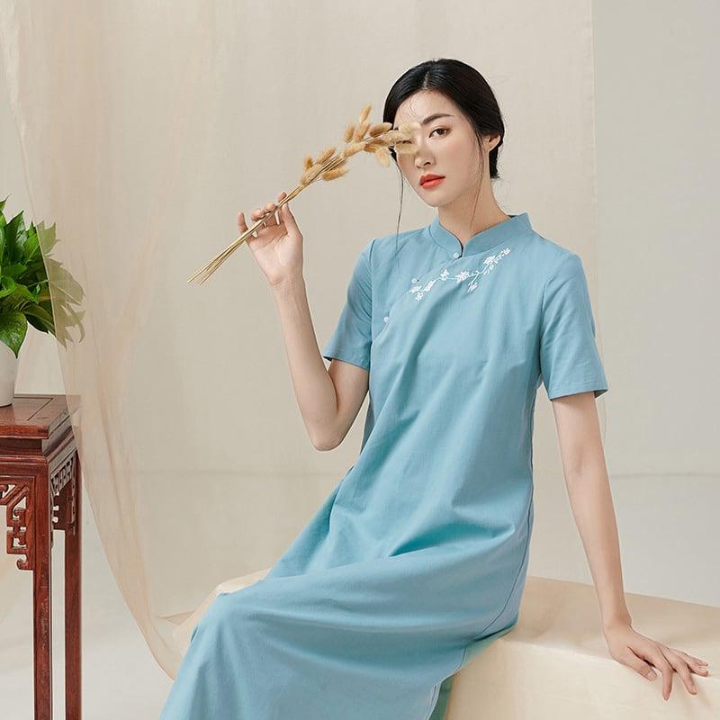 【宋姿シリーズ】★チャイナ風ワンピース★ 刺繍入り ロング丈 半袖 夏服 春服 ブルー 青い チャイナ服 - ChinChic