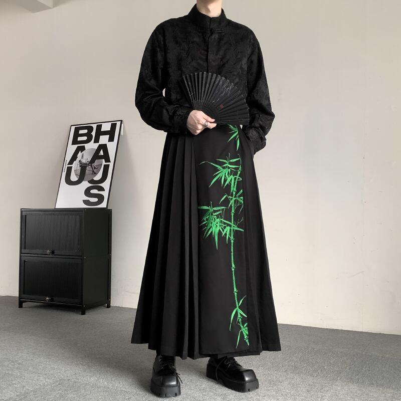 【入画シリーズ】★チャイナ風スカート★ ボトムス 刺繍 竹 まきスカート 漢服スカート チャイナ服 ブラック 黒い - ChinChic