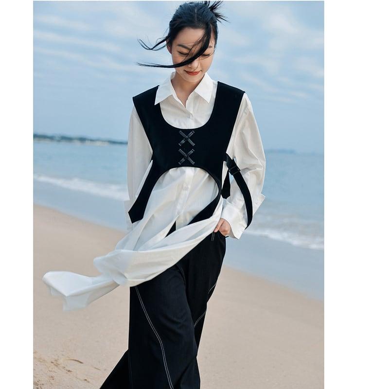 【大青龍肆シリーズ】★チャイナ風シャツ★ ロングシャツ トップス 無地 オリジナル シンプル 合わせやすい 白 - ChinChic