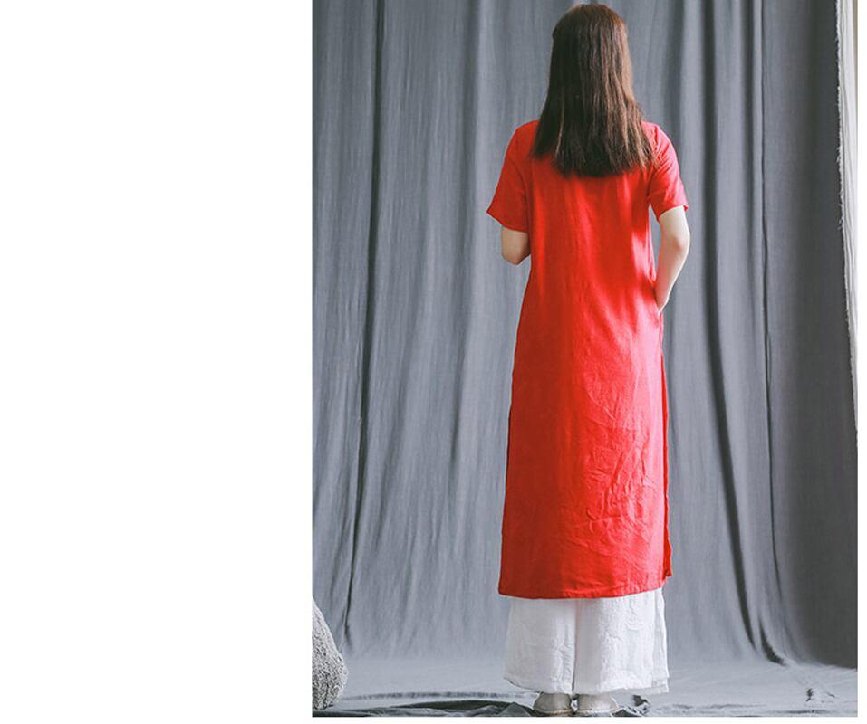 チャイナ風ワンピース 唐装 漢服 チャイナ風服チャイナドレス 女子会 同窓会 普段着 合わせやすい 半袖 ロング丈 スタンドネック コットンリネン生地 イエロー レッド ホワイト チャイナボタン - ChinChic