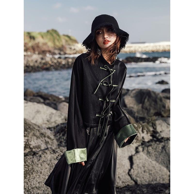 【大青龍肆シリーズ】★チャイナ風アウター★ レトロ ショート丈 合わせやすい ブラックチャイナボタン - ChinChic