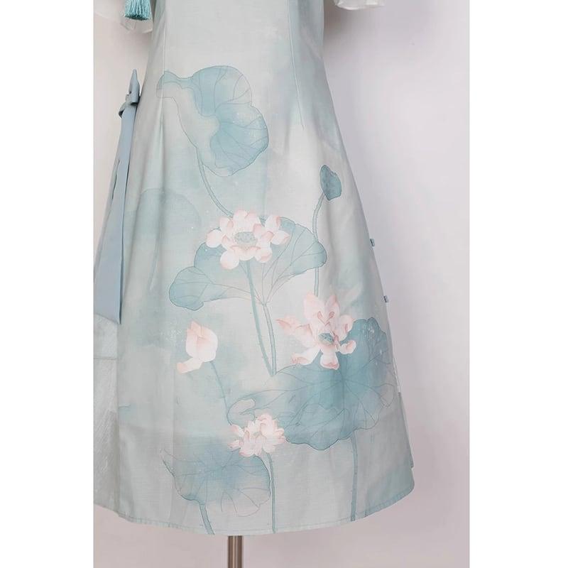 【楓竹---青荷シリーズ】★チャイナ風ワンピース★ 漢服ワンピース 中華服 可愛い プリント 気質アップ - ChinChic