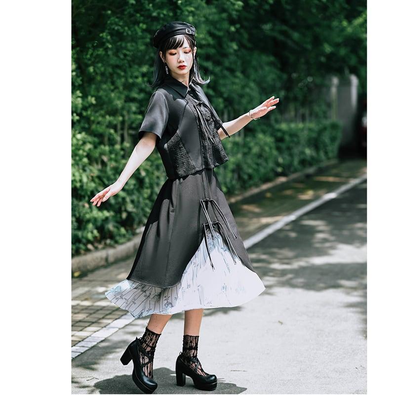 【古怪舍---竹魅シリーズ】★チャイナ風スカート★ フリンジ 中華服 オリジナル 配色 不規則 ブラック 黒い - ChinChic