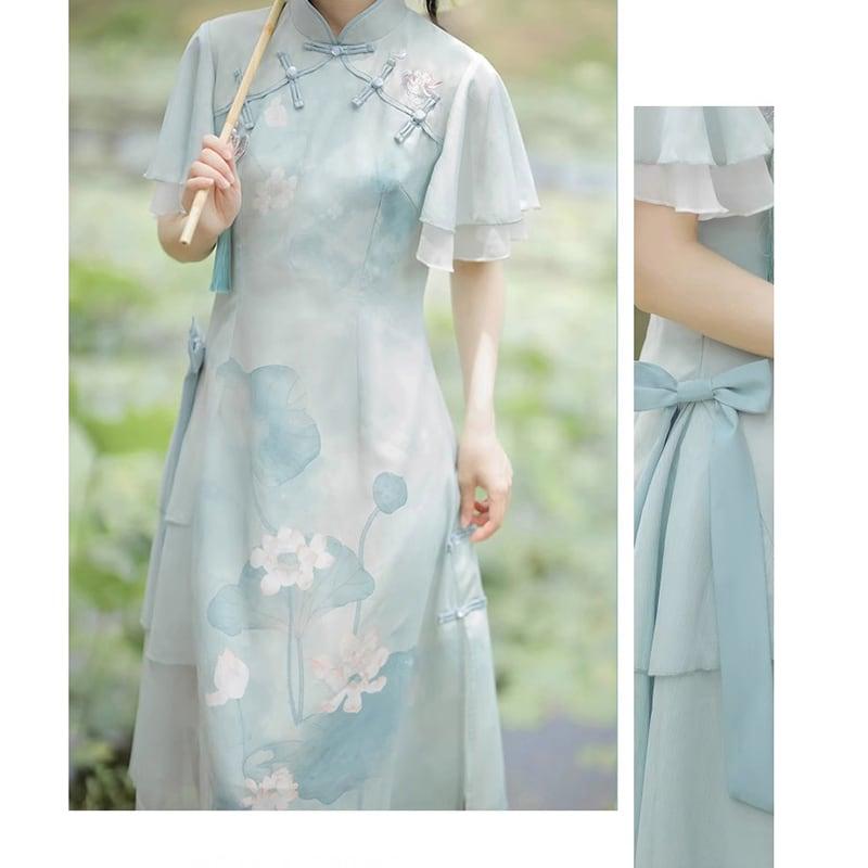 【楓竹---青荷シリーズ】★チャイナ風ワンピース★ 漢服ワンピース 中華服 可愛い プリント 気質アップ - ChinChic