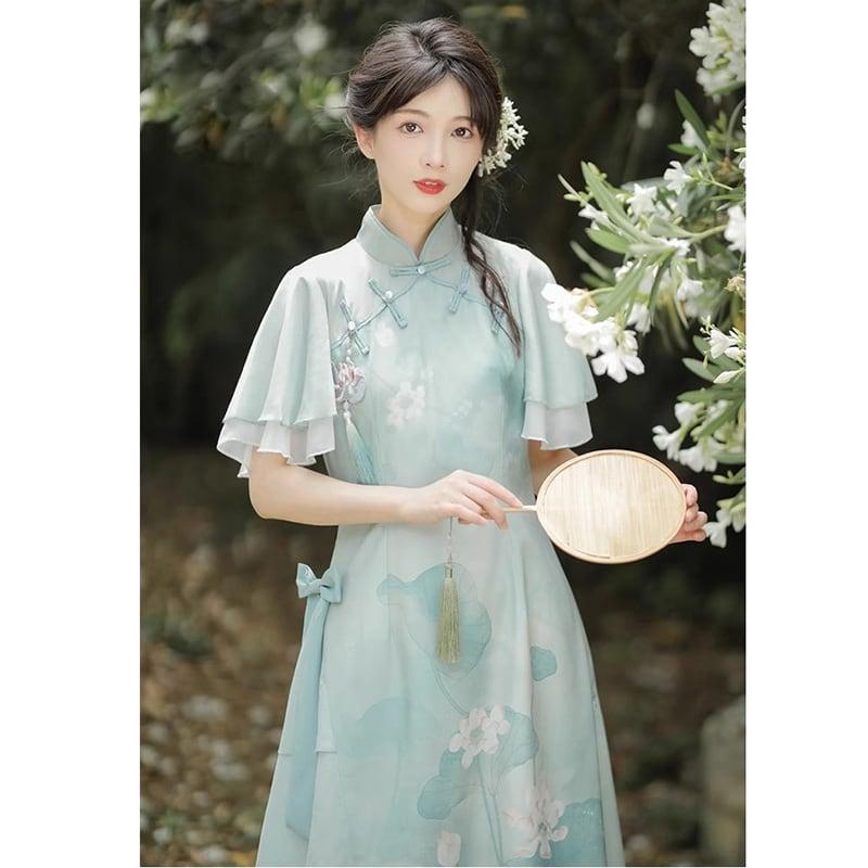【楓竹---青荷シリーズ】★チャイナ風ワンピース★ 漢服ワンピース 中華服 可愛い プリント 気質アップ - ChinChic