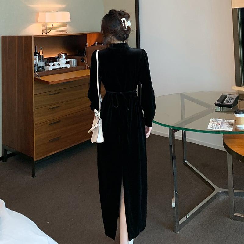 【麽檸シリーズ】★チャイナドレス★ チャイナ風ワンピース ベルベット 着痩せ ブラック 黒い 気質アップ - ChinChic