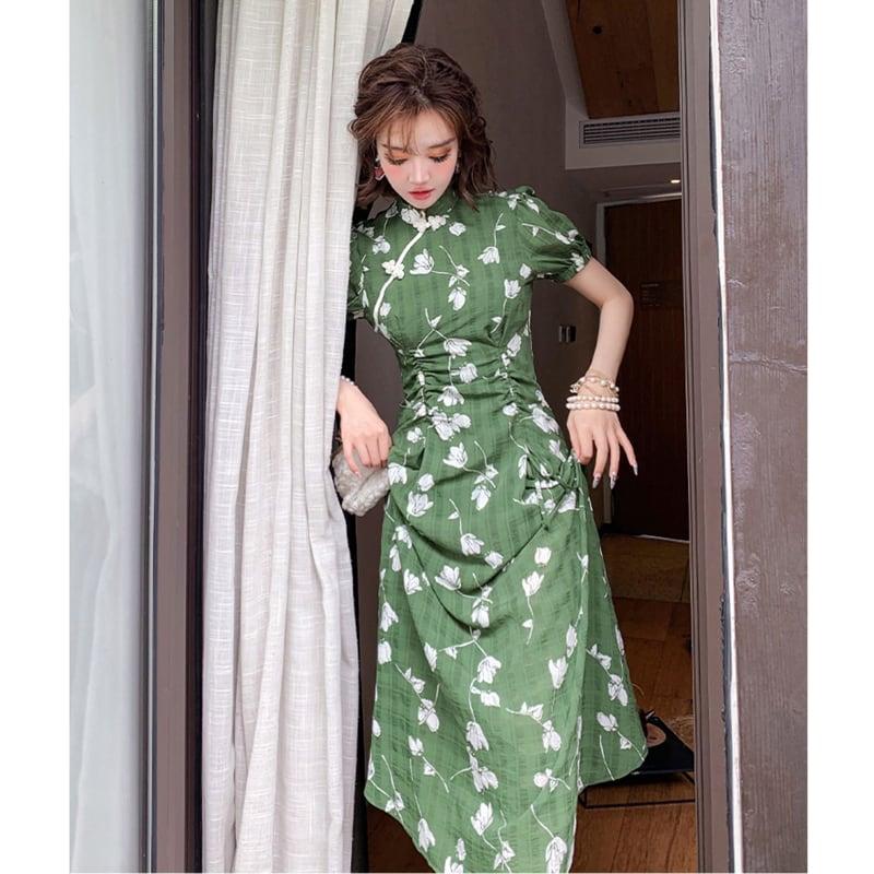 【威絲璐シリーズ】★チャイナ風ワンピース★ 改良型チャイナドレス 花柄ワンピース 着痩せ グリーン 緑 - ChinChic