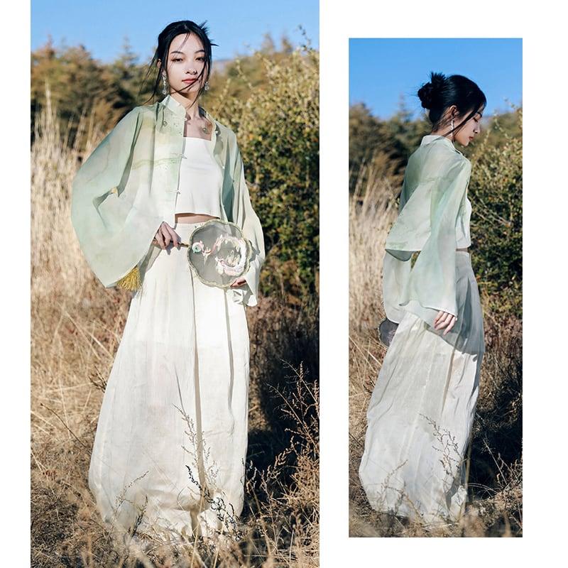 【大青龍肆シリーズ】★チャイナ風シャツ★ トップス 長袖 透け感あり シフォン プリント グリーン 緑 - ChinChic