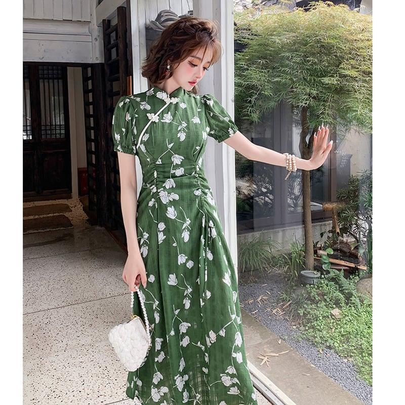 【威絲璐シリーズ】★チャイナ風ワンピース★ 改良型チャイナドレス 花柄ワンピース 着痩せ グリーン 緑 - ChinChic