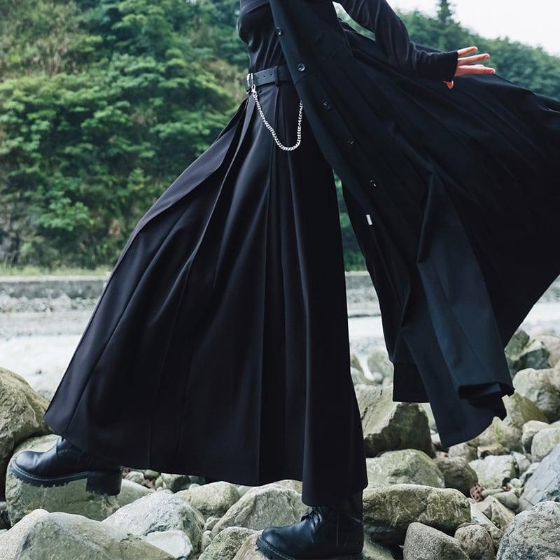【大青龍肆シリーズ】ロング丈スカート ベルト付き プリーツスカート エレガント 着痩せ ブラック - ChinChic