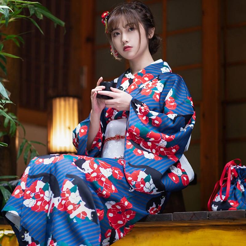【青木元シリーズ】★ゆかた+帯★ ゆかた 浴衣 花火大会 お祭り 女性 和風 デート 花柄 ネコ ねこ 猫 プリント - ChinChic