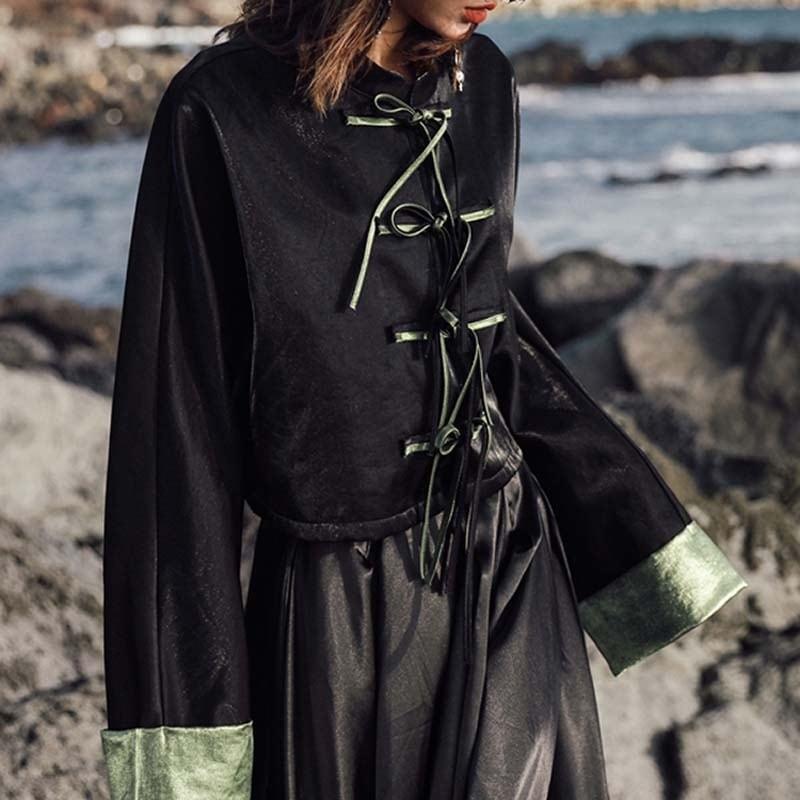【大青龍肆シリーズ】★チャイナ風アウター★ レトロ ショート丈 合わせやすい ブラックチャイナボタン - ChinChic