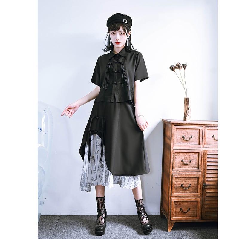 【古怪舍---竹魅シリーズ】★チャイナ風スカート★ フリンジ 中華服 オリジナル 配色 不規則 ブラック 黒い - ChinChic