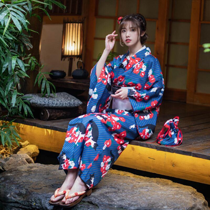 【青木元シリーズ】★ゆかた+帯★ ゆかた 浴衣 花火大会 お祭り 女性 和風 デート 花柄 ネコ ねこ 猫 プリント - ChinChic