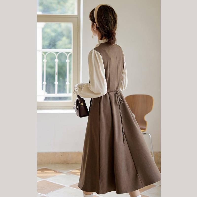 【書槿笙シリーズ】★ワンピース★ フェイクレイヤード レディース 可愛い レトロ 秋服 コーヒー色 - ChinChic
