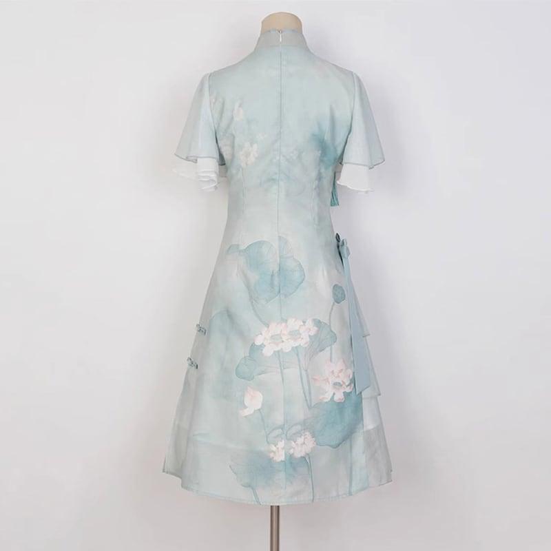 【楓竹---青荷シリーズ】★チャイナ風ワンピース★ 漢服ワンピース 中華服 可愛い プリント 気質アップ - ChinChic