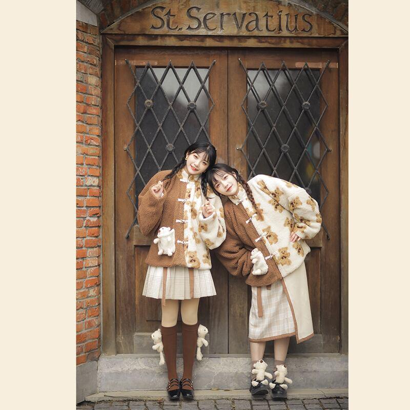【観織シリーズ】★チャイナ風コート★ アウター もふもふ チャイナボタン くま ベアー 熊 可愛い 暖かい 厚て - ChinChic